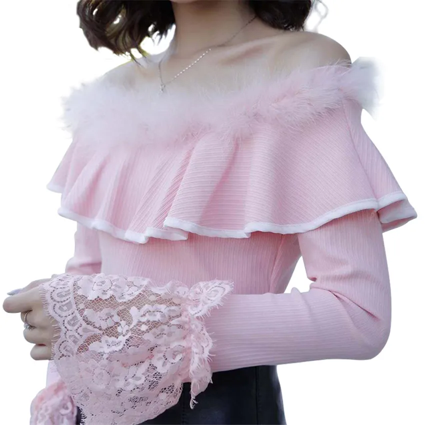 

Women Lace Patchwork Blouse New Autumn Sweet Fur Ruffle Slash neck Shirt Female Sexy Flare Sleeve Blouses Floral Short Tops A703