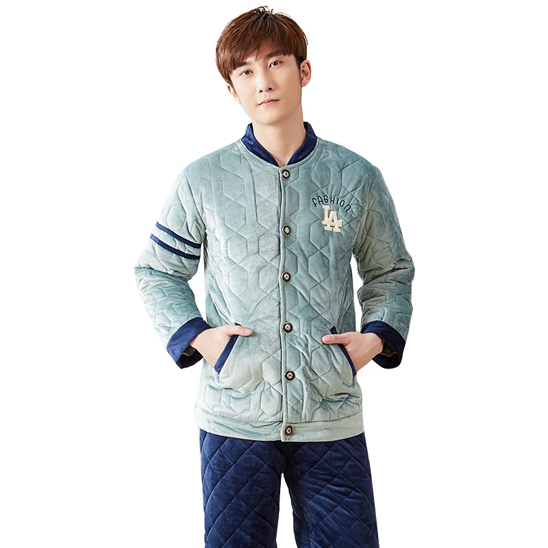 Winter Thick Coral Fleece Quilted Men Pajamas Sets of Sleep Tops