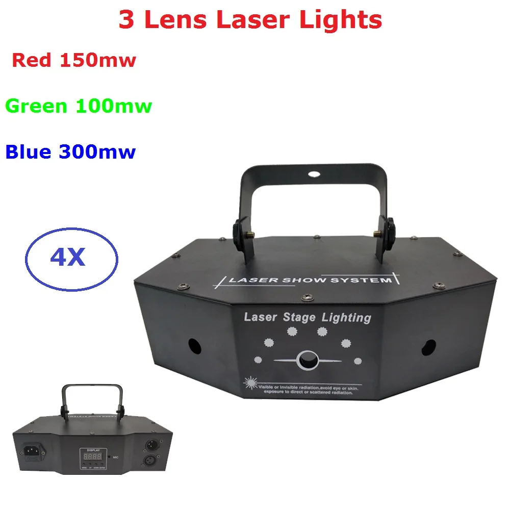 4 шт. 3 глаза 500 МВт красный зеленый синий RGB многоцветный DMX лазерный луч Анимация
