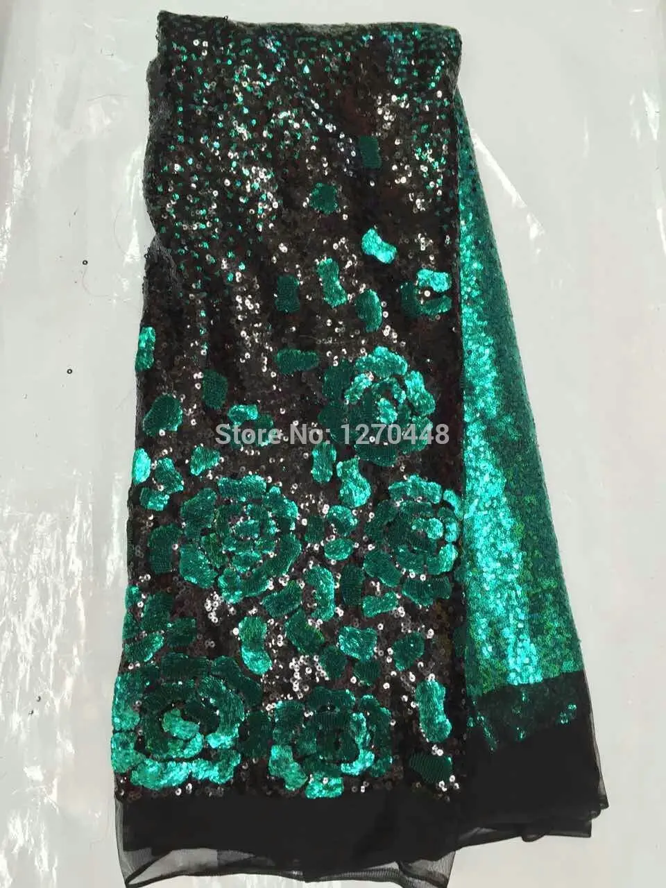 

2015 Newest black+green color African French Lace Fabric High Quality with Lots of Sequins tulle lace fabric for Wedding Dress
