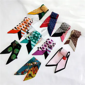 

2019 Women Fashion Ribbon Silk Scarf Beautiful Solid Girls Neckerchief Hair Band Bag Handle Wraps Small Neck Scarves 90cm Long