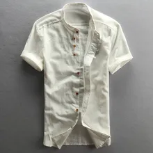 Мужские хлопковые льняные повседневные рубашки с коротким рукавом и стоячим воротником, облегающие хлопковые рубашки для мужчин, повседневные мужские брендовые рубашки, мужские TS-188