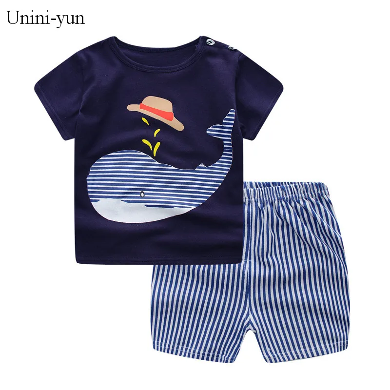 [Unini-yun]/новые комплекты модной летней детской одежды из 2 предметов Футболка с принтом Кита+ штаны в полоску для детей, комплект одежды для мальчиков - Цвет: Небесно-голубой