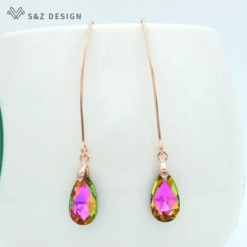 S&Z DESIGN New Fashion 585 Rose Gold Color Crystal Water Drop Dangle Earrings For Women Party Jewelry Gift Long Ear Hook
