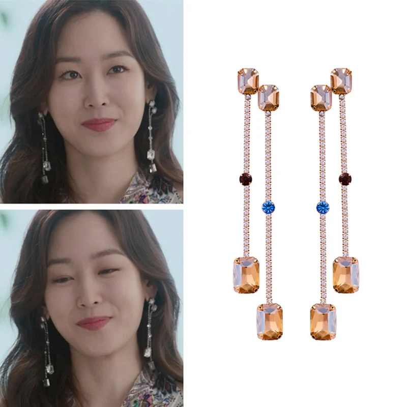 

2019 New Korean Drama Earring Gold Silver Color Long Geometric Colorful Rhinestone Tassel Earrings For Women Girl's Earring