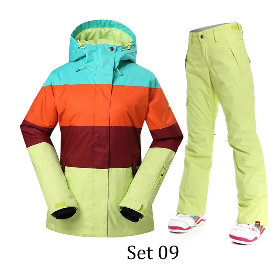 Лыжная куртка+ брюки женский лыжный костюм зимний теплый плотный зимний спортивный водонепроницаемый дышащий сноуборд наборы - Цвет: 07