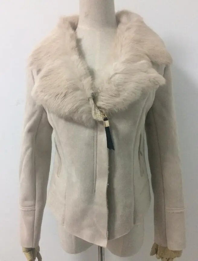 Зимняя куртка из искусственной овчины, Женская замшевая куртка, овечья шерсть, локомотив, натуральный кроличий мех, воротник, длинный рукав, теплое тонкое пальто - Цвет: apricot