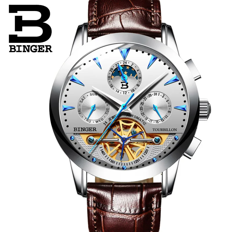 Tourbillon Men Top Luxury Brand Watches Automatic Mechanical Watch Stainless Steel Waterproof BINGER relogio masculino B-1188G - Цвет: 08