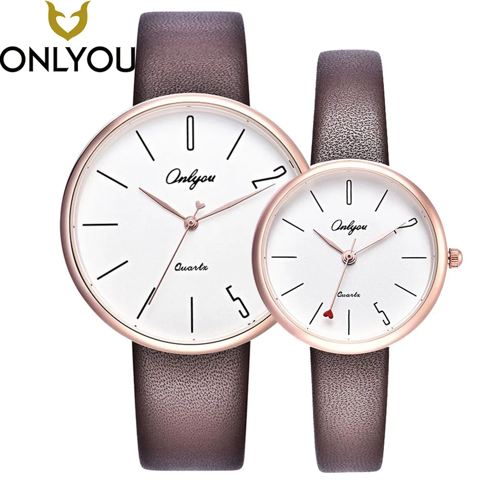 

ONLYOU Lovers Watches Fashion Business Couple Unique Design Heart-shaped hour Leather Band Quartz Clock Women Simple Watches