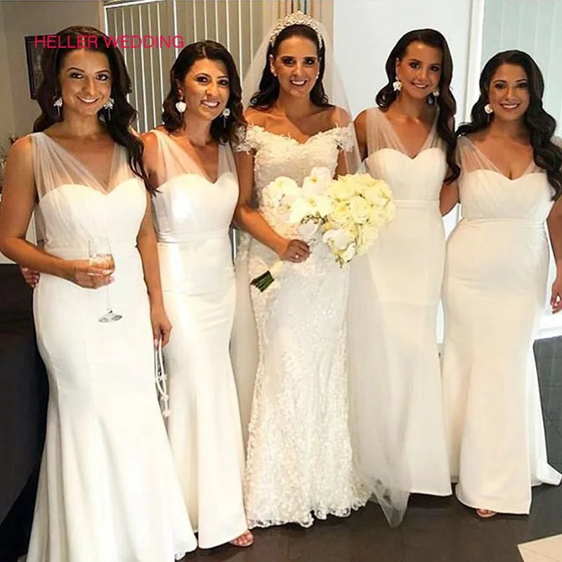 

Cheap Bridesmaid Dresses Mermaid V Neck Floor Length White Bridesmaid Dress Maid Of Honor Dresses For Weddings
