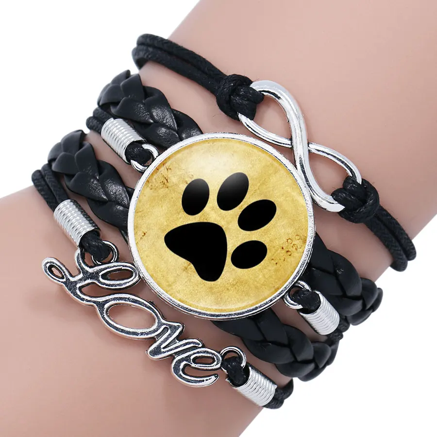 

Handmade Pet Paws Glass Cabochon Bracelet For Dog Lovers Dog Footprint Infinity Multilayer Leather Bracelets Jewelry