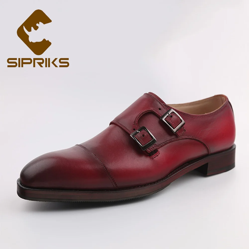 vin Noir Cuir Veau Sipriks Robe Double Goodyear Vin Moine En Italien Classique Cousu marron Noir Main Sangle Sangles Boucle Chaussures Rouge ERqwdUw