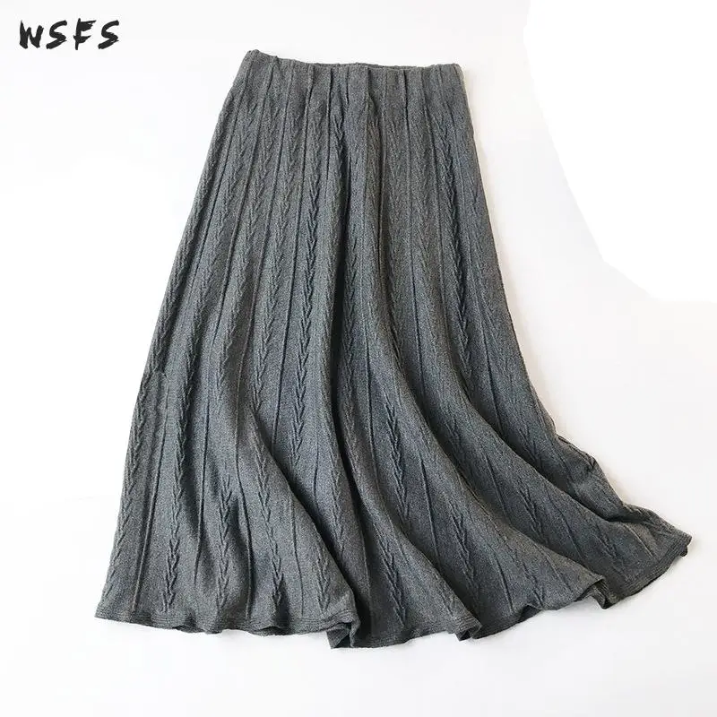 Autumn And Winter Knitted Striped Skirt Black Gray Brown High Elastic ...