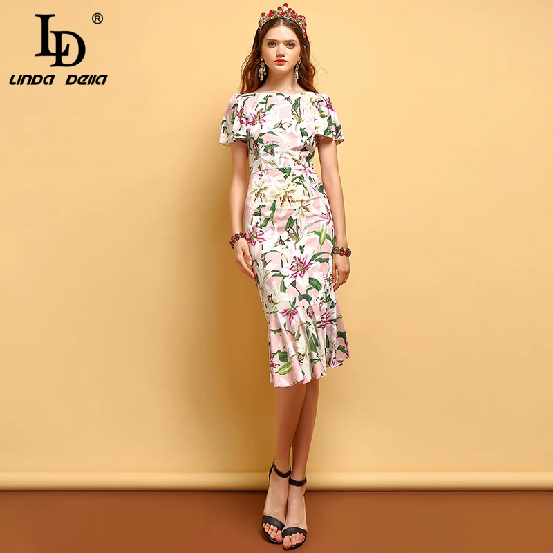 Женские платья-русалки с рюшами LD LINDA DELLA, винтажные вечерние платья с коротким рукавом, с цветочным принтом, лето