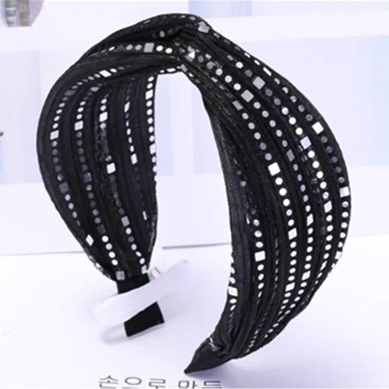 

Wide Sequin Headband for Women Fashion Shiny Lace Mesh Hair Headband Adult Hairband Solid Crossed Center Hair Turban Headband