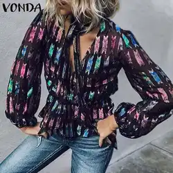 Блузка женская с принтом рубашки VONDA 2019 Осенние блузки с длинным рукавом винтажные сексуальные V шеи OL рубашки вечерние топы Femme туника плюс