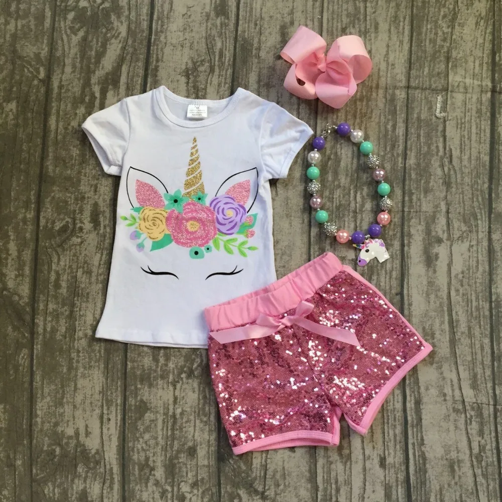 

2018 new pink lavender unicorn short set light pink sequins with bow shoet short sleeves unicorn shirt matching with accessories