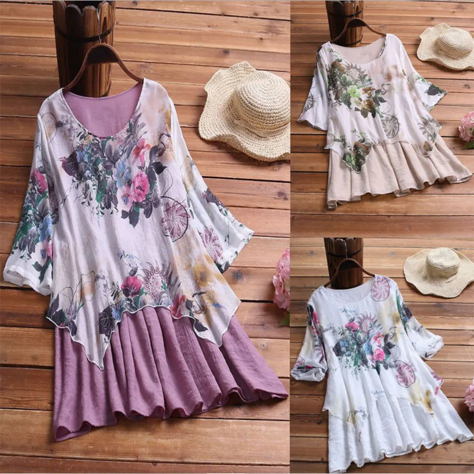 

2019 Summer Women Floral Print Dress Casual Loose Cotton and Linen Print Plus Size Dress Female Irregular Large size Dress S-4XL