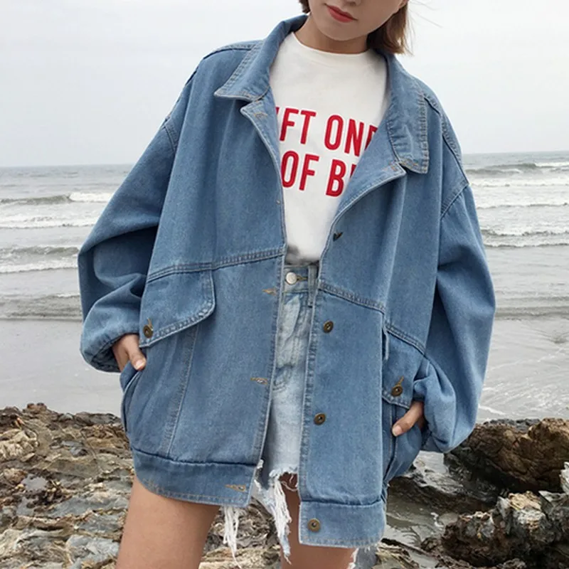 Harajuku Denim Jackets Coat Women Patch Designs Long Sleeve Bomber Jacket Casual Loose Casaco Feminino Vintage Jaqueta Feminina