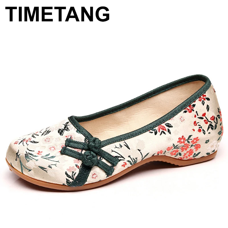 TIMETANGFloral набивные ткани Для женщин холст BalletFlats Ретро Стиль слипоны Удобная обувь