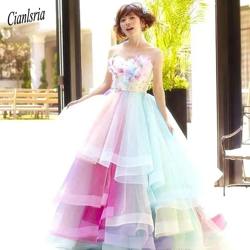 Радужное цветное бальное платье бальные платья без бретелек из органзы ручной работы с цветами милые 16 платьев пышное платье принцессы