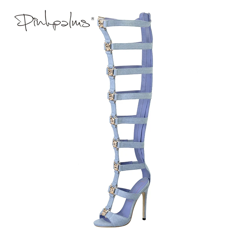 Genou Sangle Talons Bottes blue Chaussures Paumes Sur Le Denim Tigre Femmes white D'été Bleu De Moto Hauts Métallique Roses Fretwork Black Sandales nXNwO80kP