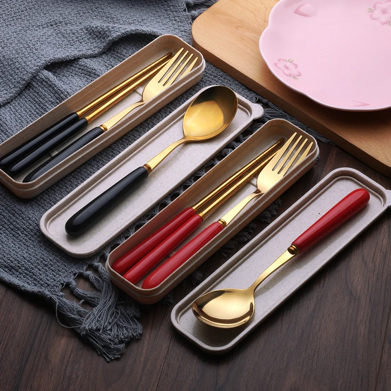 

Portable Small Stainless Steel Cutlery Set Tableware Dinnerware With Ceramic Handle Fork Spoon Chopsticks For Picnic Convenient