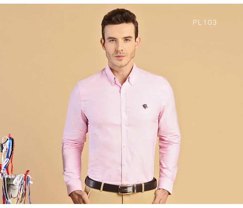 Мужская однотонная оксфордская рубашка с пуговицами и воротником, вышитый логотип, хлопок, легкая забота, длинный рукав, умный Повседневный Приталенный топ, рубашки