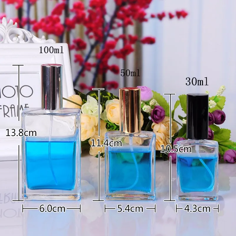

30ML/50ML/100ML Square Transparent Glass Jar Perfume Fine Mist Spray Bottle Empty Cosmetic Bottle 30PCS/LOT