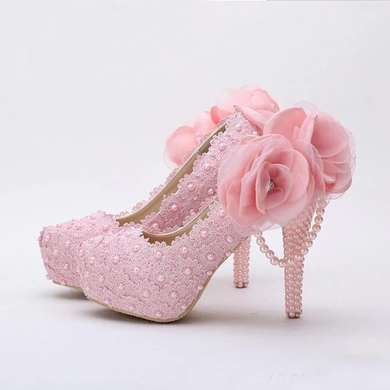 Pink Flower Lace Platform Bridal Shoes Beautiful Women High Heels