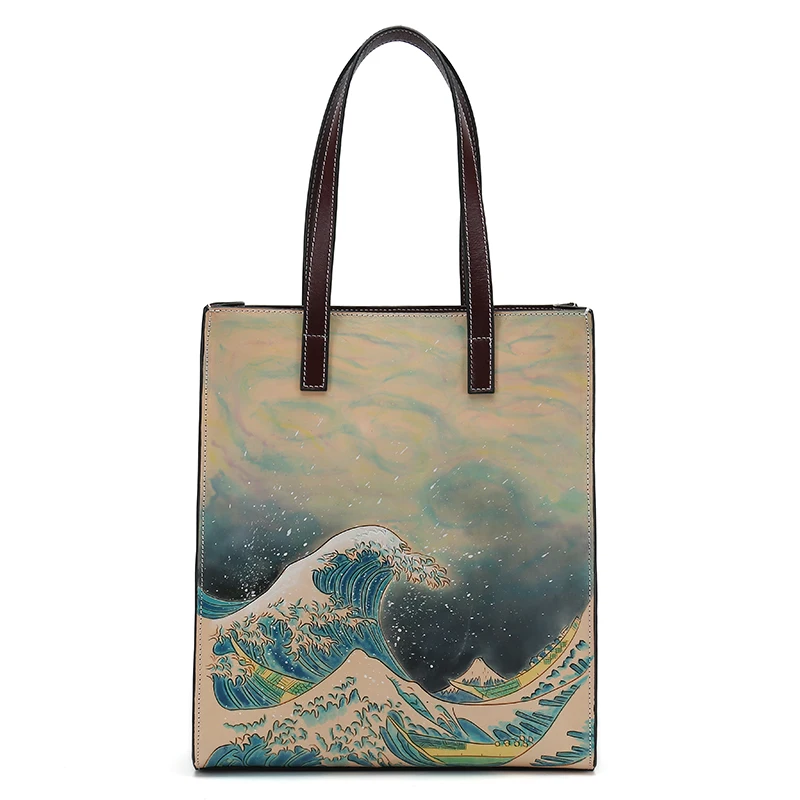 

New Hand Carving Famous picture pattern Women casual Tote Shopping Bags Female Genuine Leather Woman Cow Leather Shoulder Bag