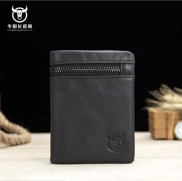 BULLCAPTAIN брендовый мужской кошелек из телячьей кожи с карманом для монет кошелек для денег держатель для карт короткий, Складывающийся три раза кошелек-клатч на молнии - Цвет: Черный