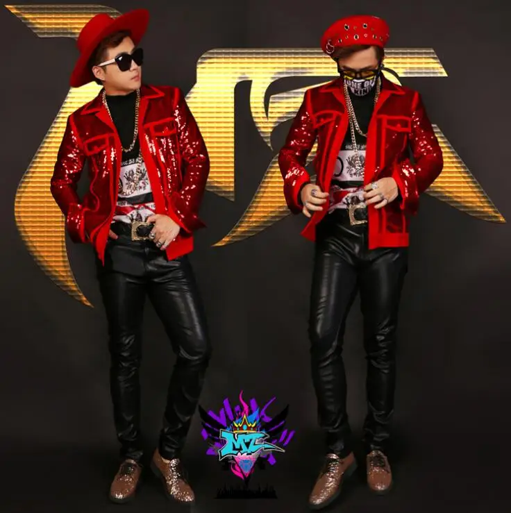 MZ оригинальный BIGBANG певец мужской DJ Цюань Zhilong GD красный блесток шить куртка Костюмы для сцены A289