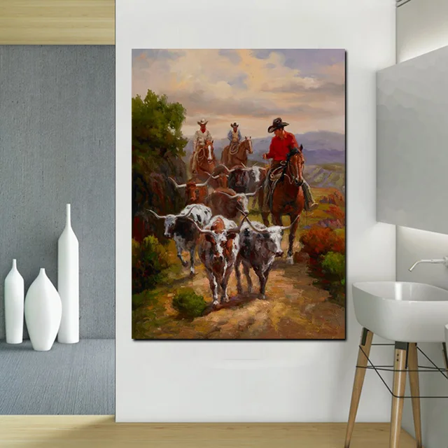 Oil Paintings Cowboys Herding the Cows Printed on Canvas 6