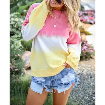 

Women Tops Blouse Sweatshirts Long Sleeve Crew Neck Color Top Block Loose Fashion Ladies Womens Rainbow Hot New Hot Selling