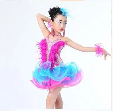 110-160 см 2 вида цветов голубого и розового цвета платье для танцев, танцевальное платье Румба латиноамериканские танцы платье для сцены, профессиональнпя, Женская Детское платье Костюм - Цвет: color2