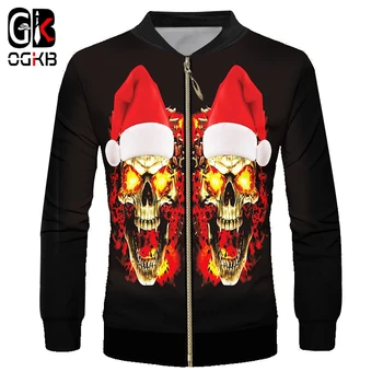 

OGKB Man New 3D Printed Christmas Hat And Flame Skull Zip Jacket Hip Hop Street Clothing Large Size 6XL Men's Zipper Coat