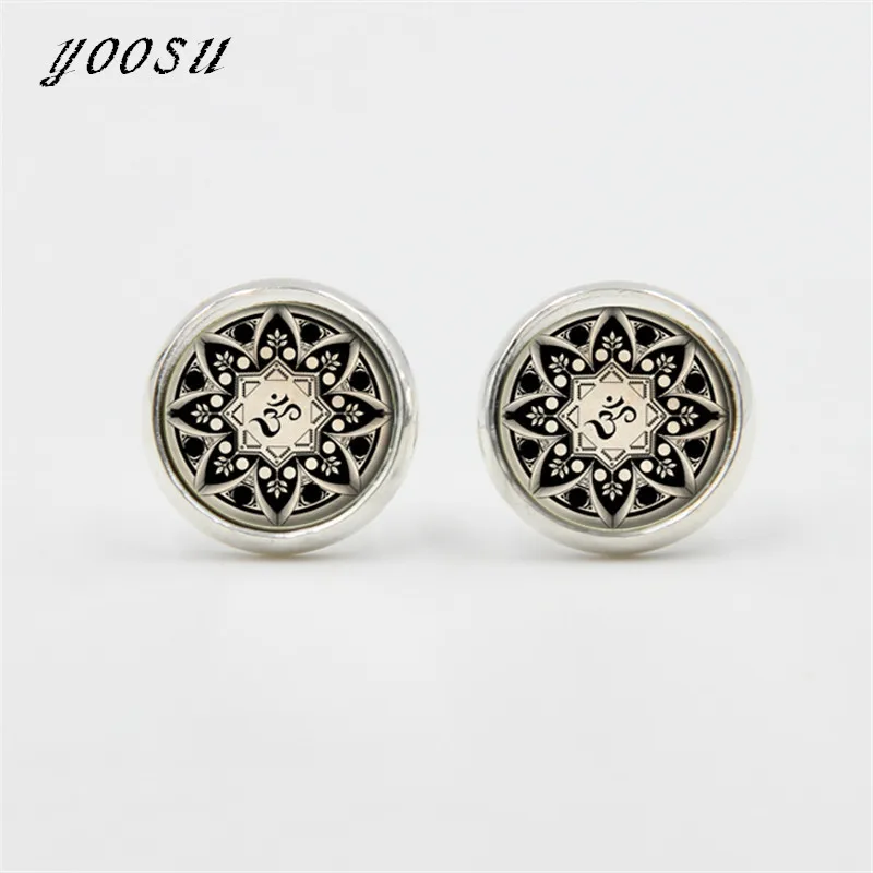 

Vintage Glass Cabochon Om Yoga Mandala Women Stud Earrings Classic Buddhist Religious Jewelry Fashion Gifts