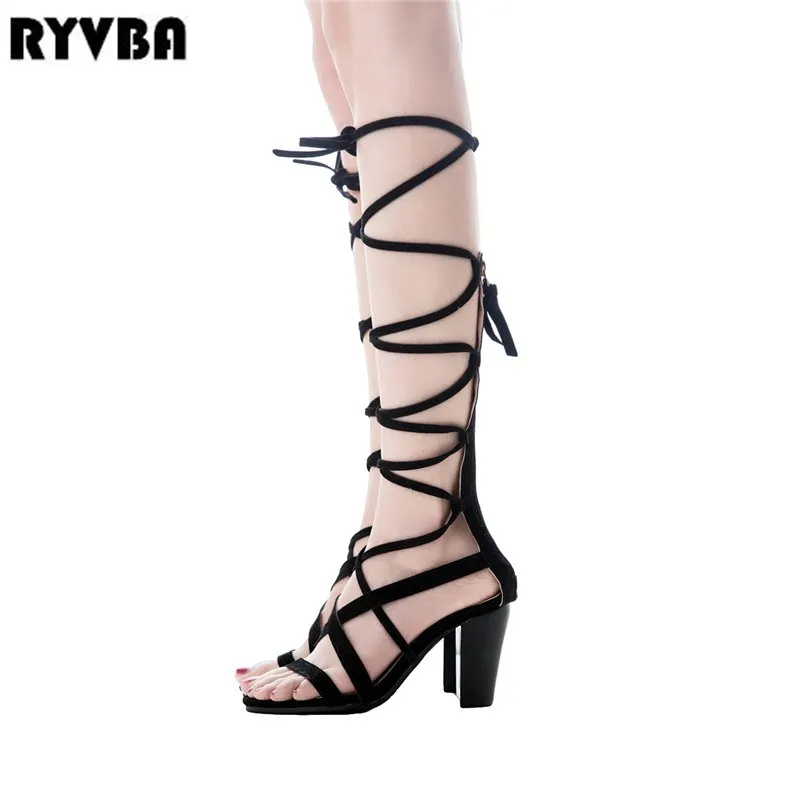 

RYVBA womens knee high boots women thigh high sandals summer 2018 woman nubuck thick high heels ladies black corss tied shoes