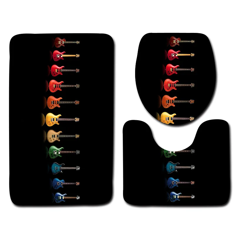 Gitar Printed 3P Set Rugs For Bathroom Flannel Toilet Mats Anti-slip Floor Mats Wasgable Bathroom Carepts Toilet Lid Cover