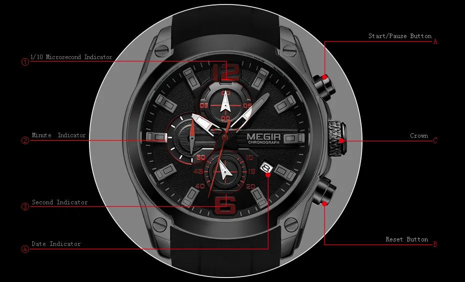Megir для мужчин хронограф аналоговые кварцевые часы с датой, светящиеся руки, Водостойкий силиконовый резиновый ремешок Wristswatch для мужчин