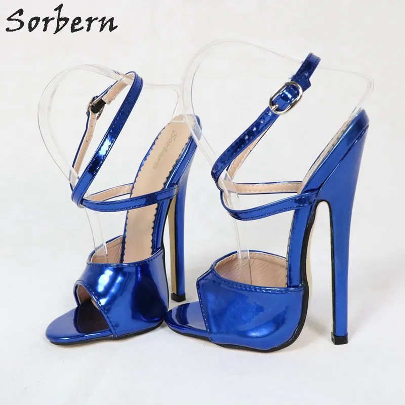 Sorbern/синие босоножки цвета металлик; женская обувь на каблуке-шпильке 18 см; босоножки с ремешком на пятке; женские туфли для подиума; размер 43