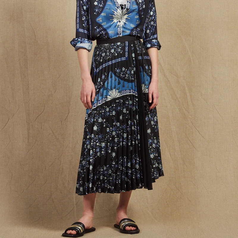

Women Skirt 2019 Spring and Summer Floral Print Ethnic Pleated Skirt