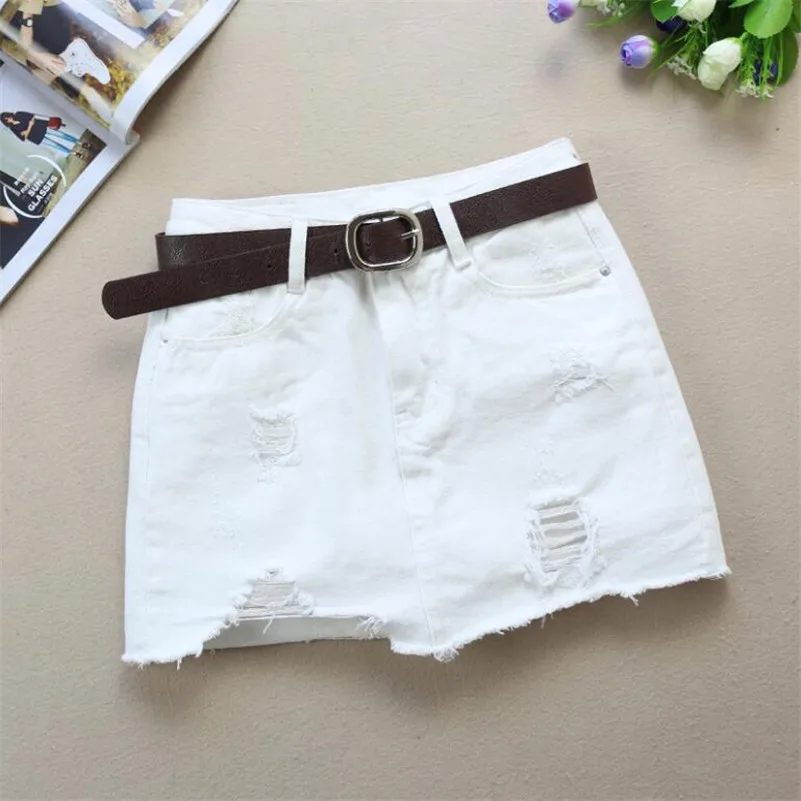 

2019 new fashion hole white denim skirt female summer wild slim jeans skirt with lining anti-light r1129