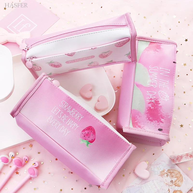 

Cute Strawberry pencil case Big capacity pencil bag box PU stationery pen pouch office school supply Zakka kids gift