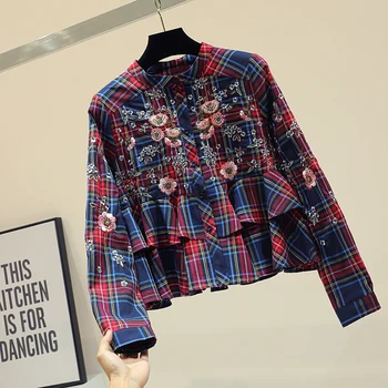 

Plaid Shirts for Women New Spring Autumn Fashion O Neck Loose Flower Embroidery Long Sleeve Blouses All-match Vintage Women Top