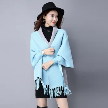 

2017 Autumn New Women's Elegant Socialite Cashmere Tassel Cardigan Sweaters Batwing Sleeves Scarf Cape Outwear