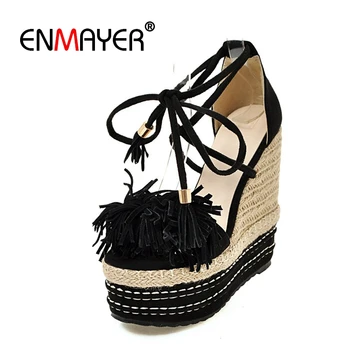 

ENMAYER 2019 Cow Suede Gladiator High Heels Sandals Women Fringe Casual Lace-Up Shoes Woman Sandals Solid Size 34-39 LY3000