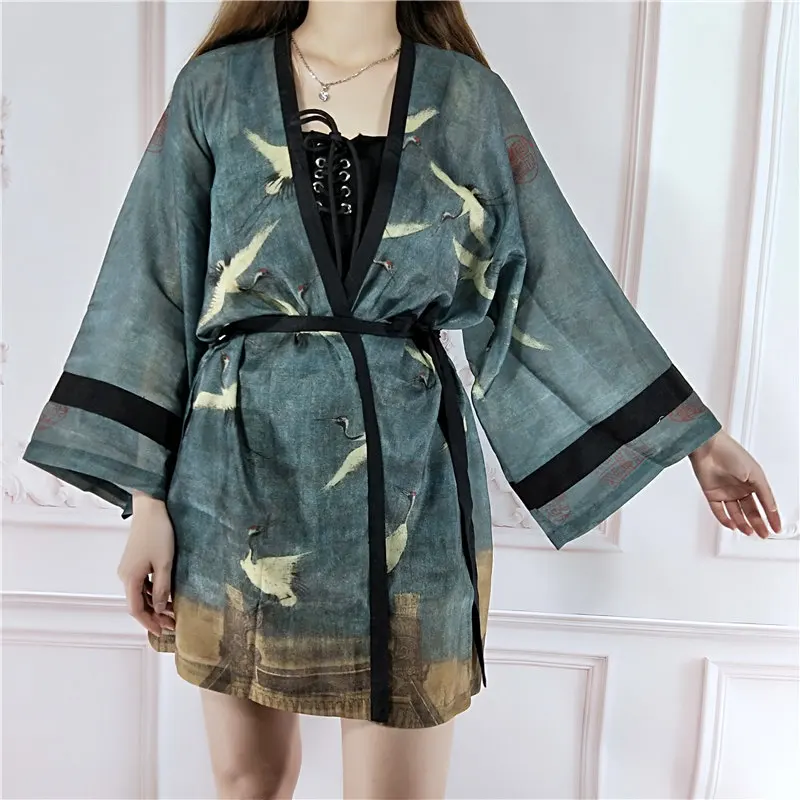 Woherb китайский винтажный кимоно кардиган для женщин Плюс Размер Топы Блузка хараджуку принт кран кардиганы пальто летние Blusas 20998