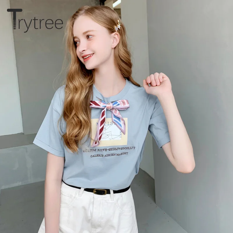 

Trytree Summer Casual Women Tops O-neck Bow Tie Cotton Polyester White Blue T-Shirt Female Short Sleeve shirt Women dropshipping